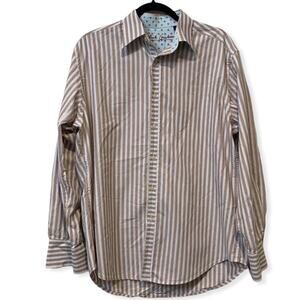 Robert Graham Tan Blue Striped Classic Fit Button Down Shirt Medium